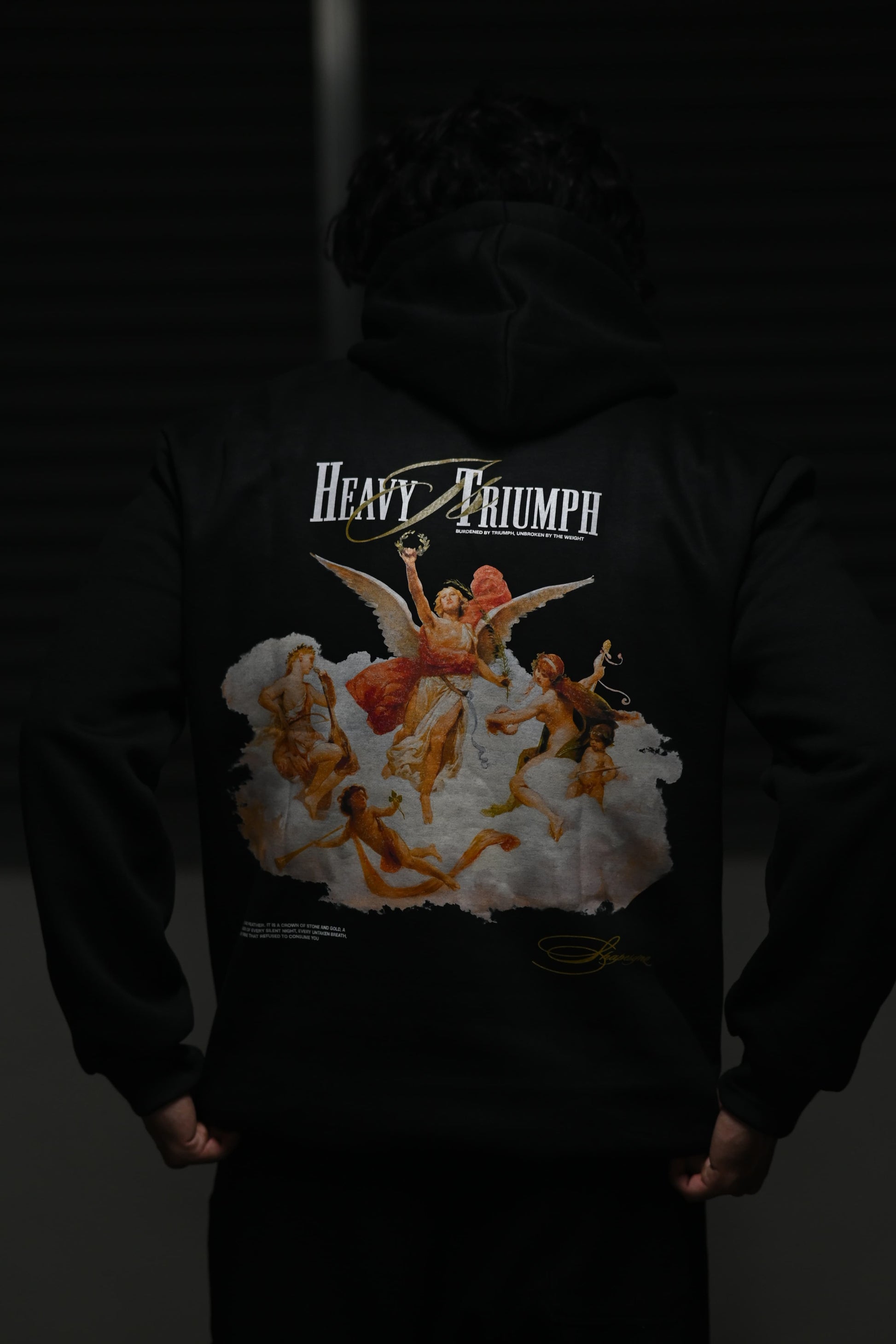 Black Heavy Triumph Hoodie featuring Artistic Angel Design on the Back for Trendy Style