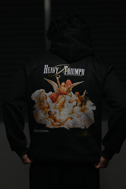 Black Heavy Triumph Hoodie featuring Artistic Angel Design on the Back for Trendy Style